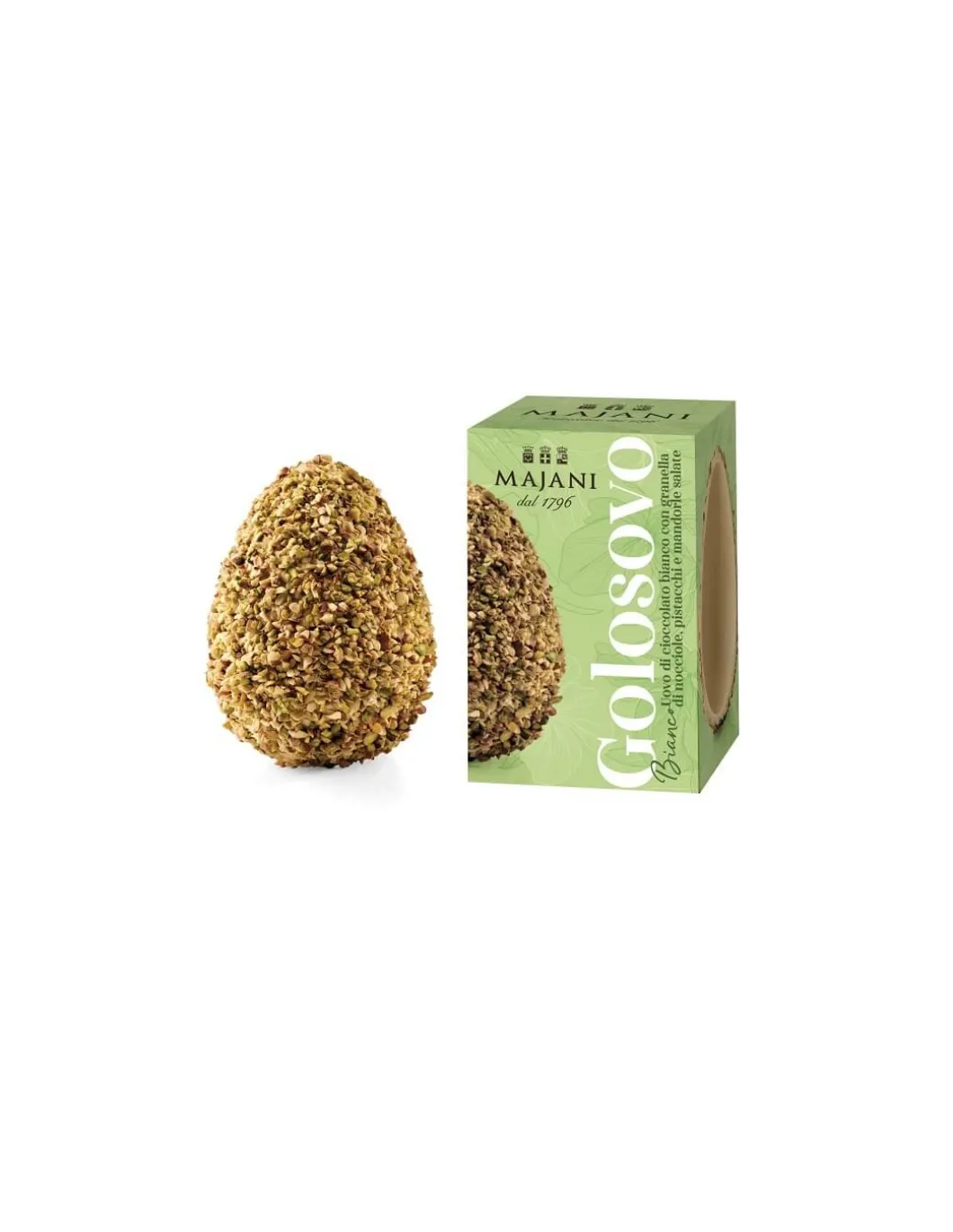 Golosovino Uovo Di Cioccolato Bianco Ricoperto Di Pistacchi 20% E Granella Di Mandorle Salate 20%