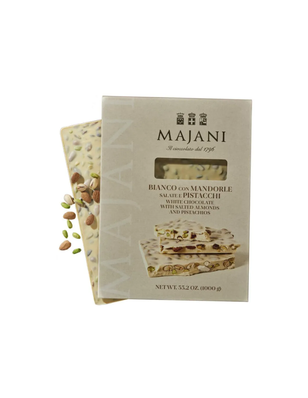 Maxi Tavoletta Di Cioccolato Bianco Con Mandorle Salate E Pistacchi 1KG