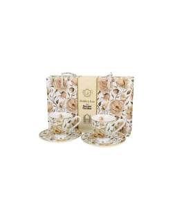 Set 2 Tazzine Da Espresso Con Piattini Rose Inglesi Bianche