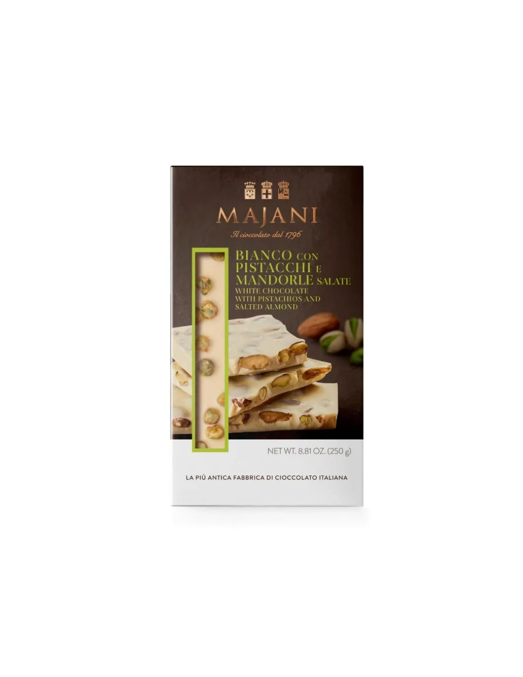 Tavoletta di Cioccolato Bianco Con Pistacchi E Mandolre Salate 250 Grammi